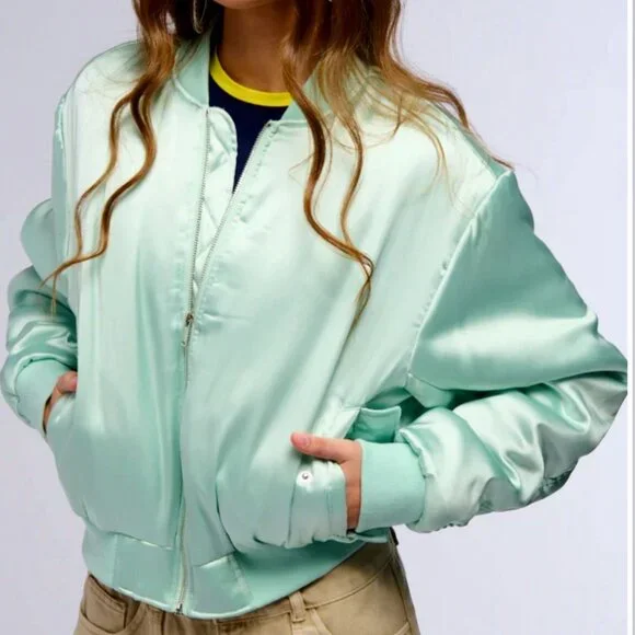 Callie Lives Miz Azalea Wang Arizona Mint Green Tea Satin Bomber Jacket S M L - Picture 3 of 8